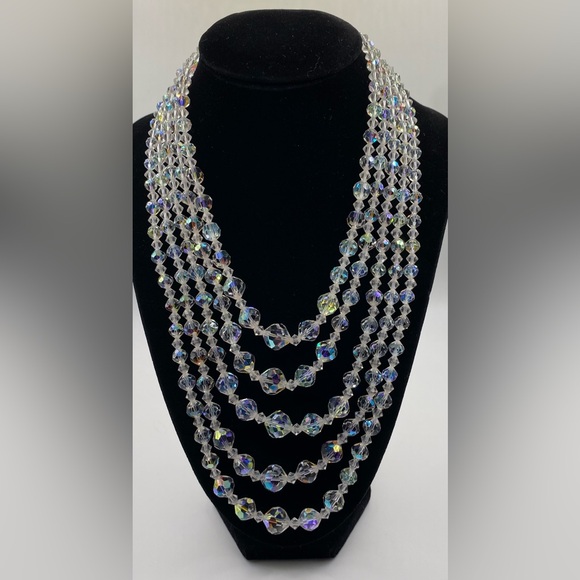 Aurora Borealis AB Five Strand Faceted Crystal Glass Choker Necklace Vintage - Picture 1 of 12
